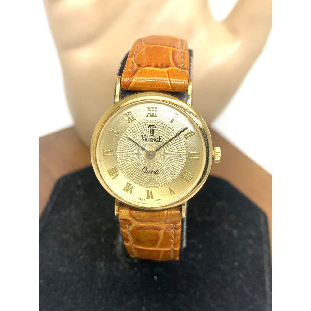 Vicence Women's Watch Swiss Quartz 14K Yellow Gold Case Brown Leather Strap 26mm